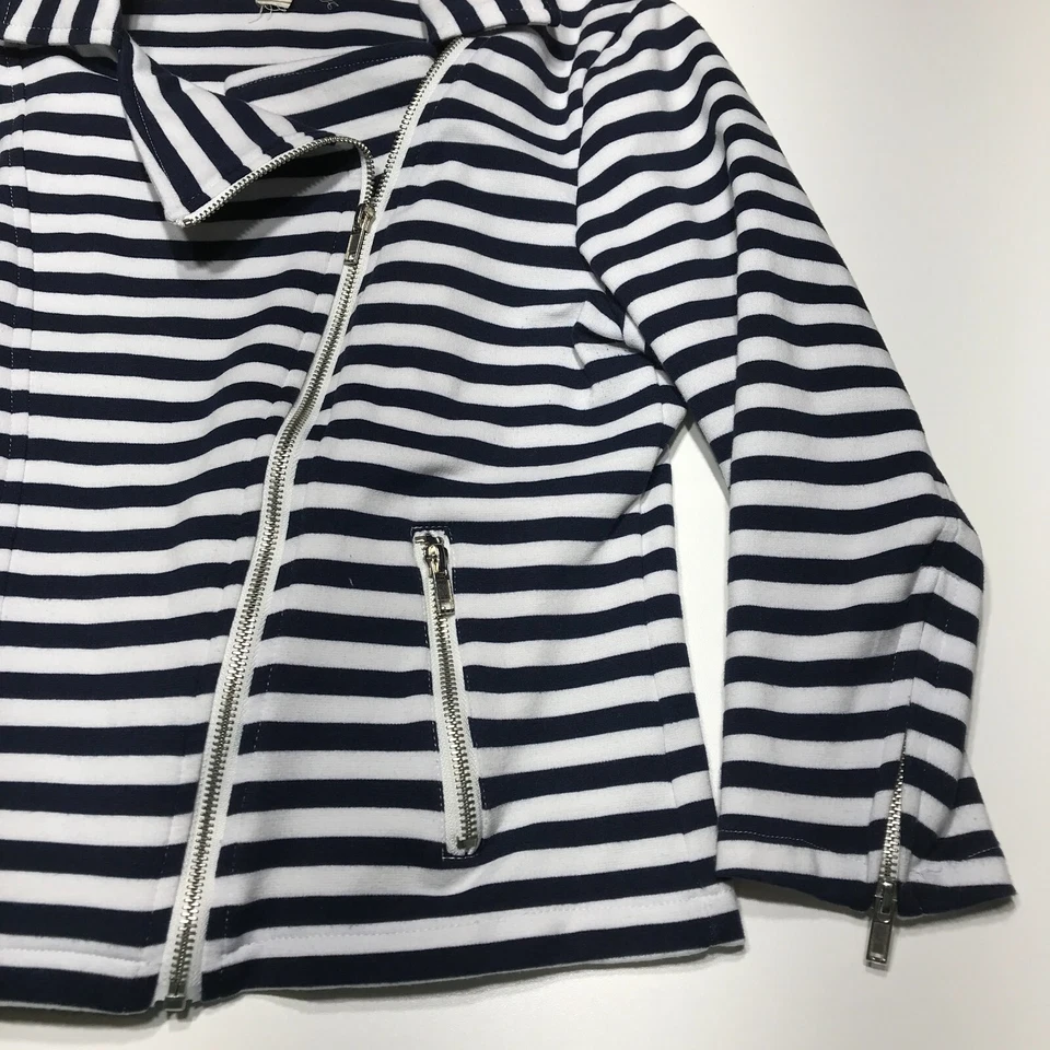 Chaqueta XXI Mujer Talla Mediana Azul Marino Blanco Rayas Cremallera Recortada Estilo Moto Foto 4 de 4