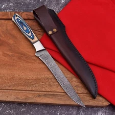 Custom Handmade Damascus Steel Fishing Chef Kitchen Fillet Knife, Leather Sheath