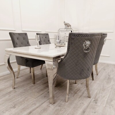 4x FurnitureDW Bentley Dark Grey Velvet Dining Chair Chrome Legs Lion  Knocker UK