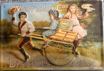 Blechschild, 20x30 cm, 3 D geprägt, Biscuits Belfast, Kekse, Nostalgie, Neu, OVP