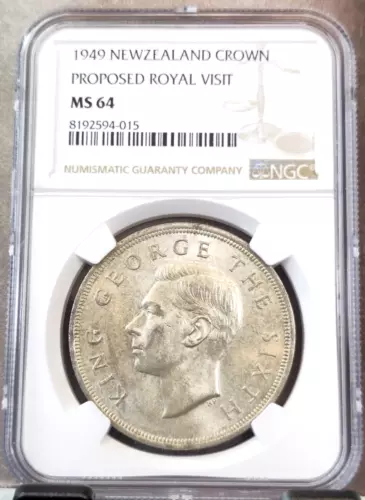 1949 NEW ZEALAND SILVER 1 CROWN FERN LEAF GEORGE VI NGC MS 64 SCARCE BU COIN