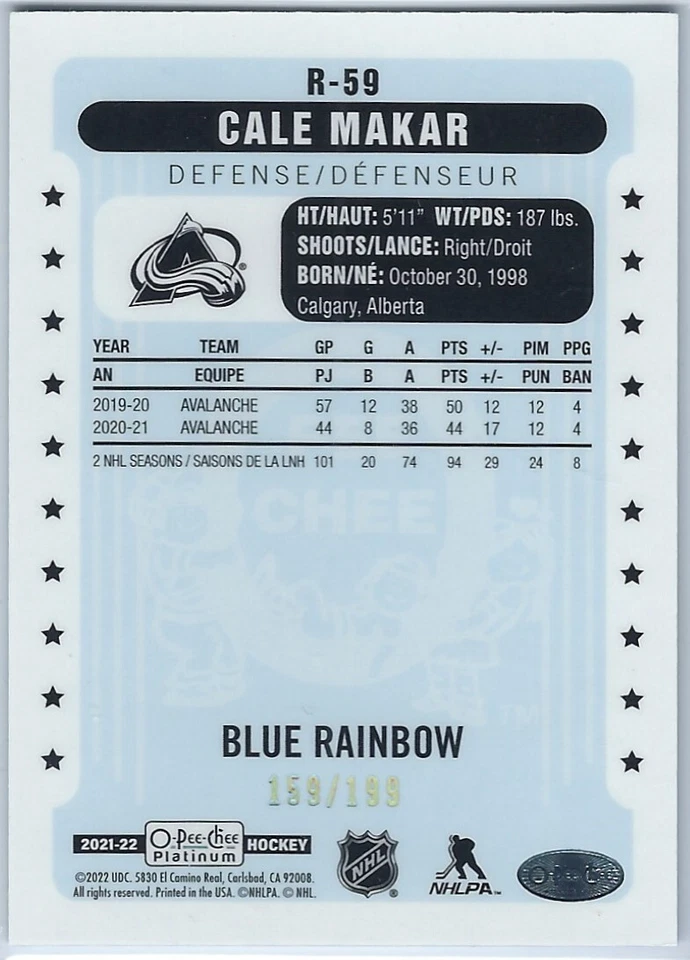 2021-22 O-Pee-Chee Platinum Retro Blue Rainbow 159/199 Cale Makar #R-59 - Image 2 of 2