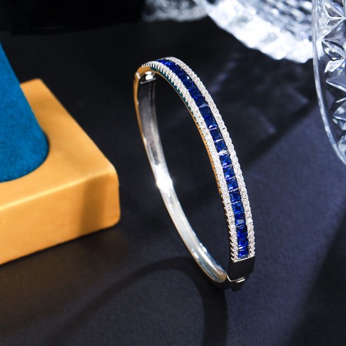 Square Cut CZ Open Cuff Bangle Cubic Zirconia Silver Plated Blue for Brides Prom - Imagen 9 de 21