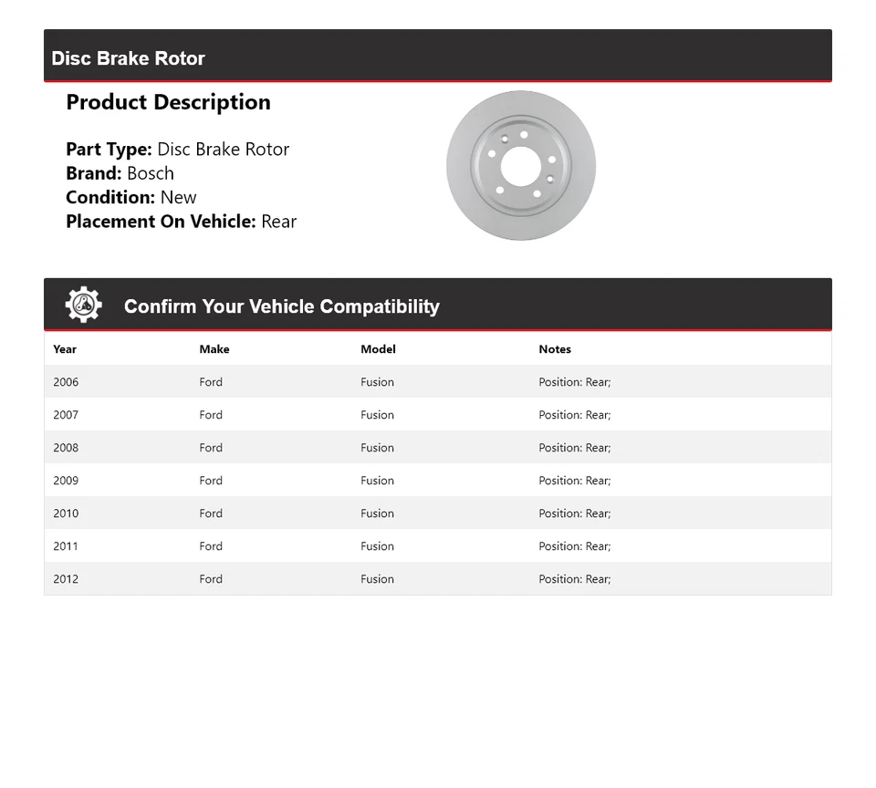 For 2006-2012 Ford Fusion Bosch QuietCast Disc Brake Rotor Rear 2007 2008 2009 - Image 2 of 4
