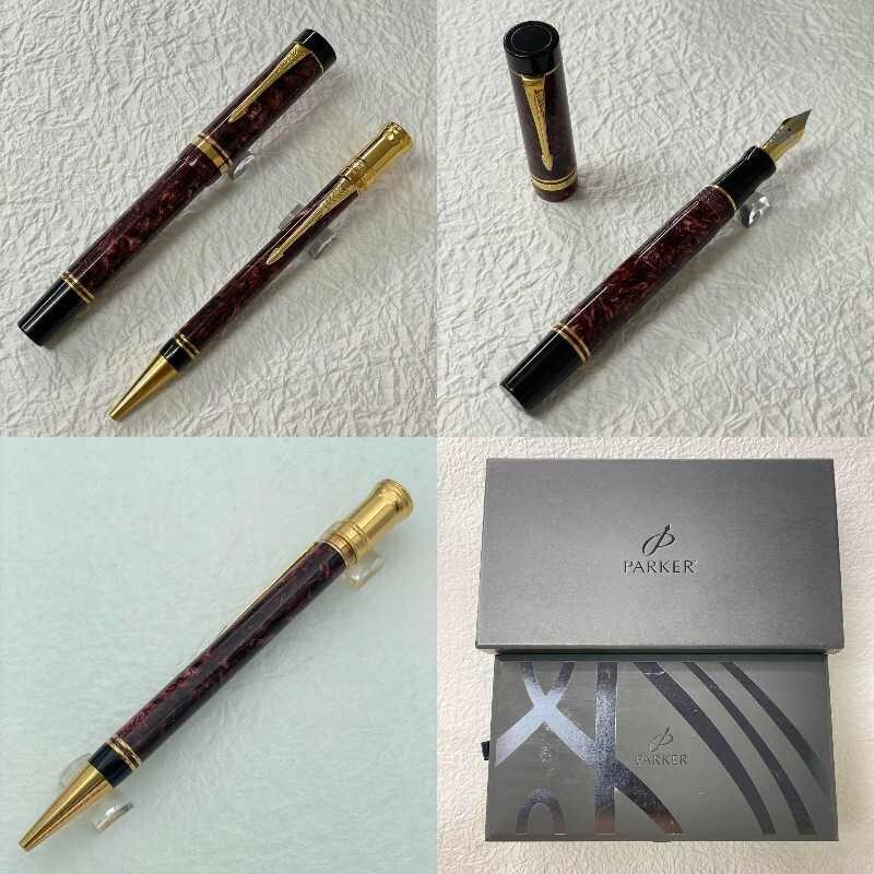 Used Parker Duofold Marble red Fountain pen & Ballpoint pen Set w
