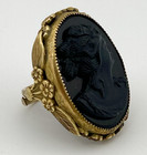 Victorian Style Jet Black Onyx Cameo Ring Floral Brass Bezel Size 6.5 Adjustable — photo 5
