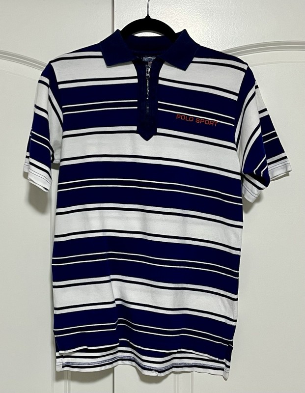 Vintage 90s Polo Sport Zip Up Polo Shirt Large White with Blue Striping 