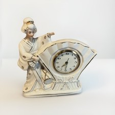 Porcelain Desk Clock Imbedded in Fan with    ...