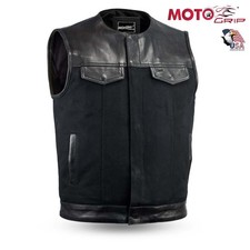 Men's SOA Collarless Leather Denim Vest Motorcycle Biker Club Concealed Carry