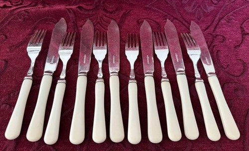 Antique Harrison Fisher & Co Sheffield 12 Piece Fish Set Ivorine Xylonite EP A1 - Picture 6 of 10