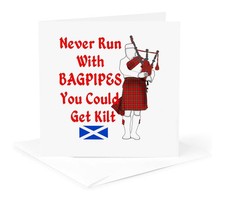 3dRose Funny Scottish Bagpiper Pun Greeting Card Never Run With Bagpipes