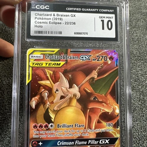 SUPER CLEAN! CGC 10 Charizard &Braixen GX Tag Team Cosmic Eclipse22/236 Pokémon