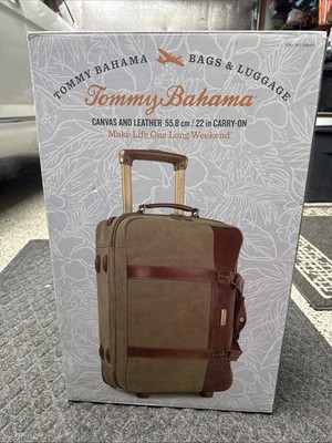 Tommy Bahama Leather & Canvas Rolling Duffel Bag Luggage Open Box NEW WITH TAGS