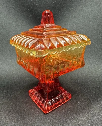Jeanette Wedding Box Amberina Red Orange Square Pedestal Candy Dish Vtg W Lid
