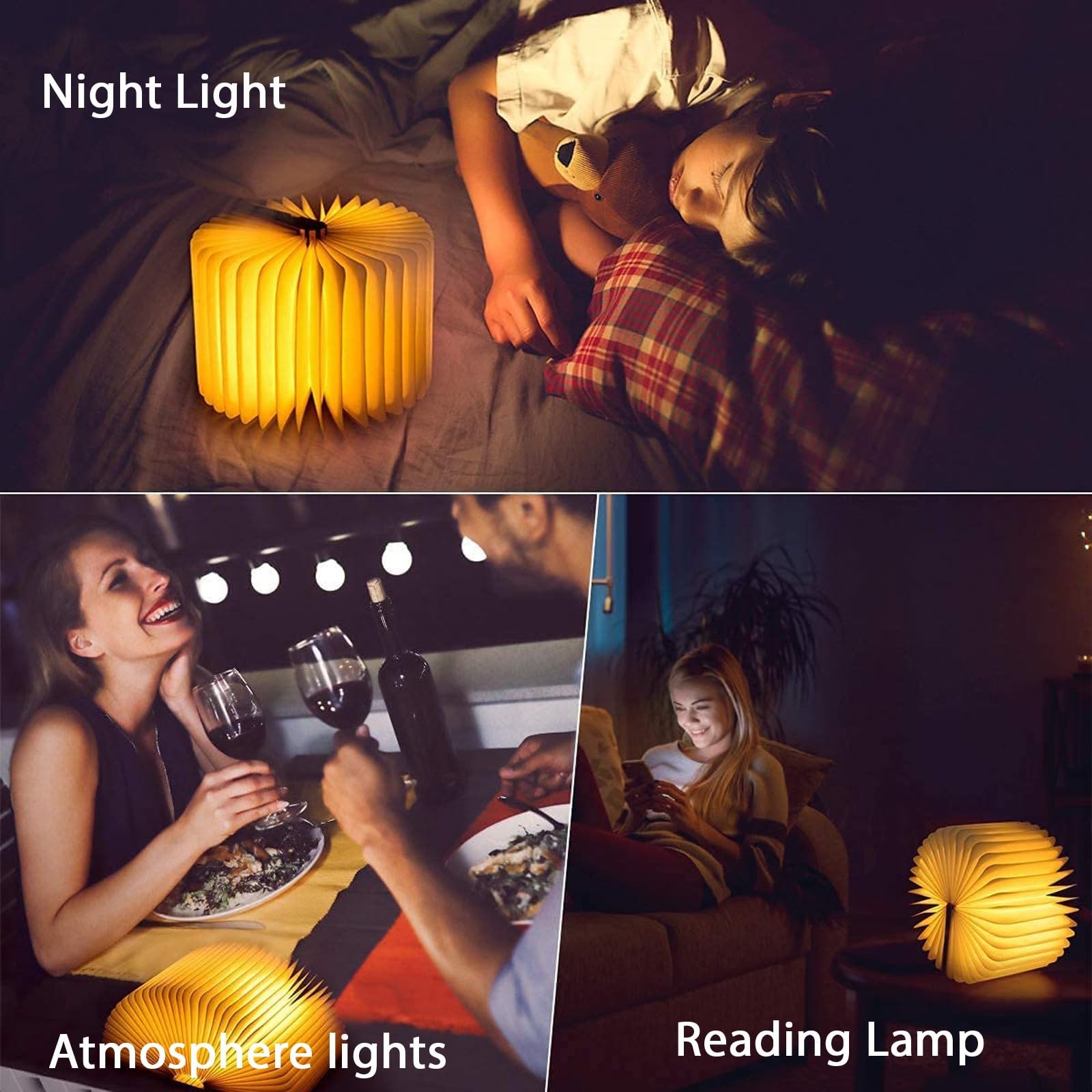 5.7Inch Wooden Book Lamp, 6 Colors Folding Book Light, USB Rechargeable, 360°...