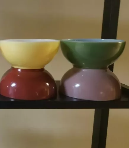 4 FIRE KING ANCHOR HOCKING 5" CHILI BOWLS YELLOW, GREEN, RUST, ROSE