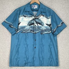 Vintage RJC Hawaiian Shirt Mens M Blue Whale USA Beach Aloha Camp Button Up