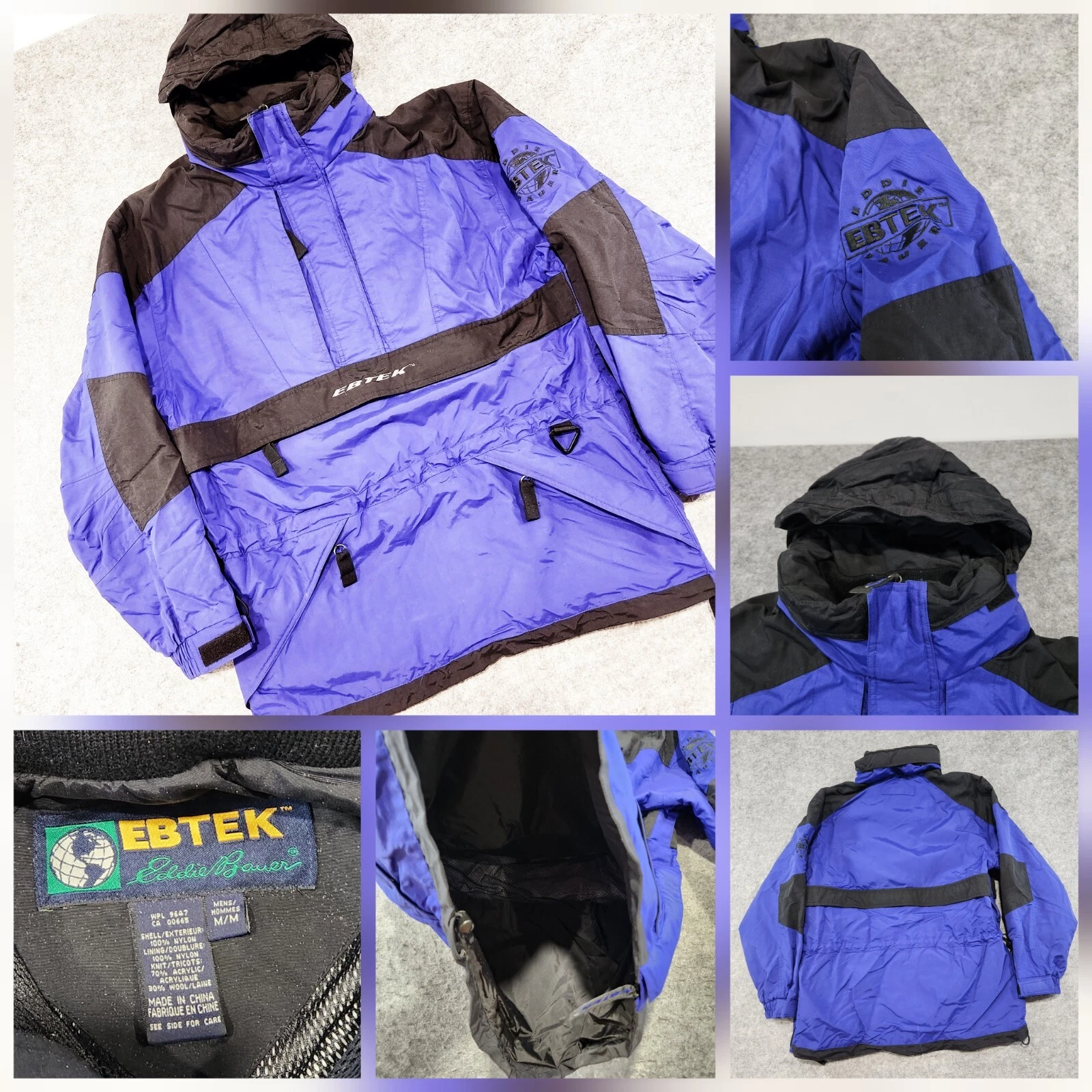 VTG 90s Eddie Bauer Ebtek Mens M Medium Nylon Anorak Pullover Snow Winter Jacket