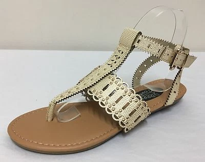 New Look Gold/Cream Womens Studed T-Bar Flat Sandals Size 4/37