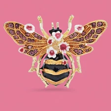 HONEY BEE BROOCH crystal flowers goldtone bumble bee cottagecore Easter pin A3