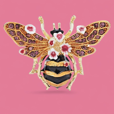 #ad HONEY BEE BROOCH crystal flowers goldtone bumble bee cottagecore Easter pin A3 $12.99