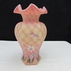 Fenton Burmese Diamond Optic GSE Floral Hand Painted Hexagon Vase 2004 GLOWS 270