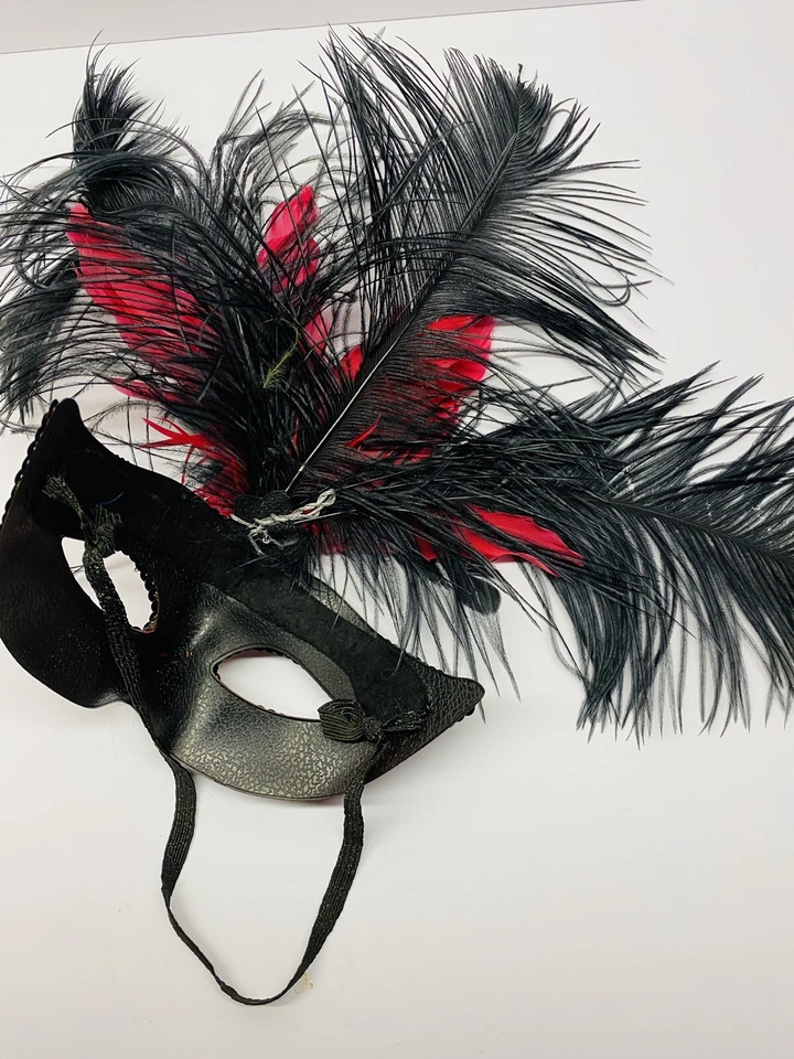 Vintage Black & Red Masquerade Mask With Feathers  - Image 3 of 4