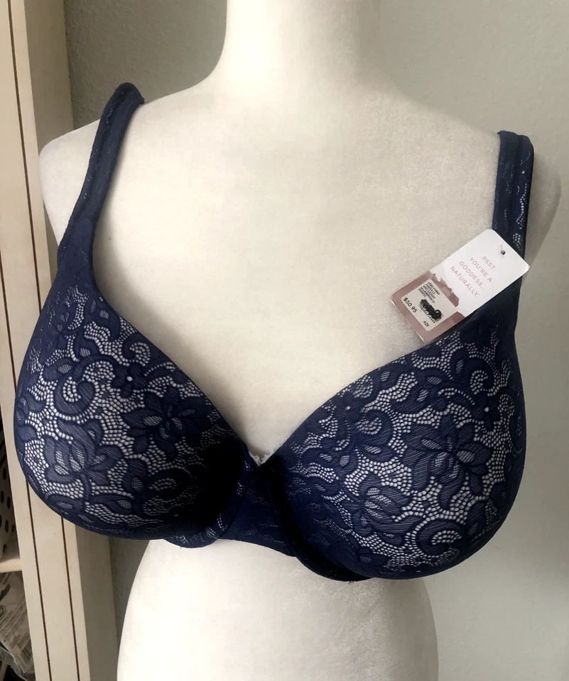 NUEVO CON ETIQUETAS 42F CACIQUE 4932 Azul Marino MODERNO ENCAJE Ligeramente Forrado Camiseta Sujetador con Aros Foto 2 de 4