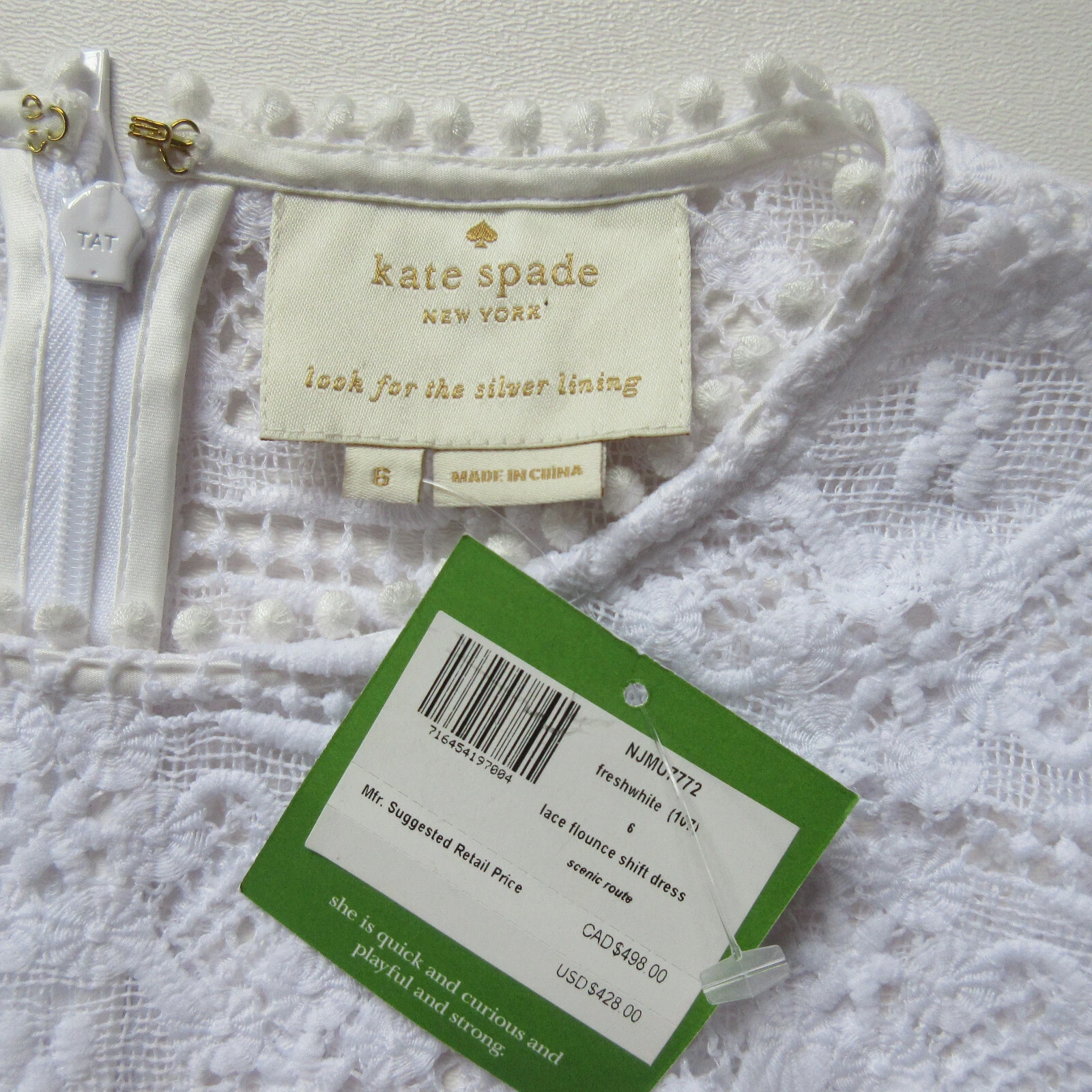 Abito nuovo con etichette Kate Spade New York pizzo balza cambio in fresco bianco orlo increspato 6