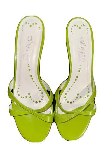 Cathy Jean Green Slip-on Open Toe Strappy Women's Block Heel Size 6.5M Leather