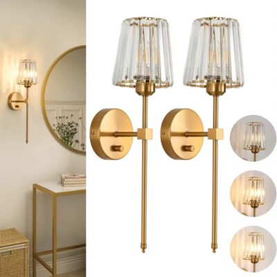 2er Pack Amerikanischer Stil Kristall Drahtlose LED Wandleuchter Messing Wiederaufladbare Lampen