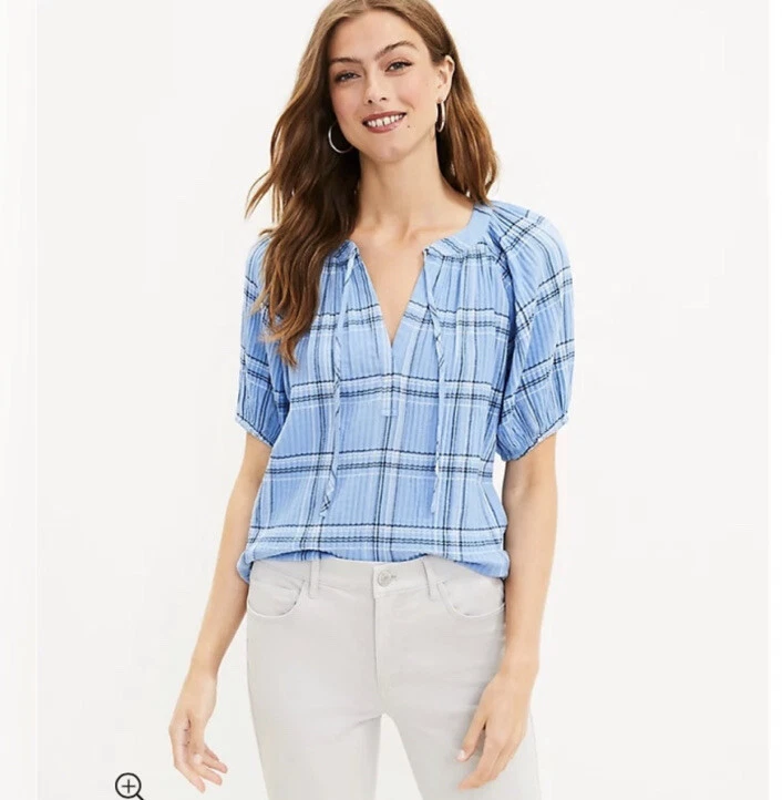LOFT NWT Women s Plaid Tie Neck Puff Sleeve Top Blue Size