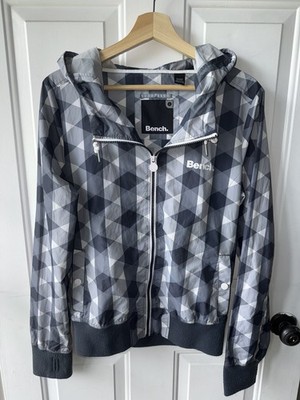 BENCH Women s Windbreaker Checkered Grey Size Large 2000 s/ Y2K