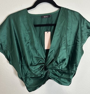 Micas Women s Forest Green Cropped Cinched Center Satin Shirt Size Medium