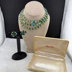 Vintage Lady Alice Jewelry Set Green AB Crystal 3-Strand Necklace Earrings Box