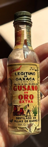 Vintage Gusano Oro Extra Mezcal Oaxaca Mexico Mini Bottle with WORM! 4.5"