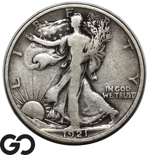 1921-D Walking Liberty Half Dollar, Low Mintage Choice FINE Key Date