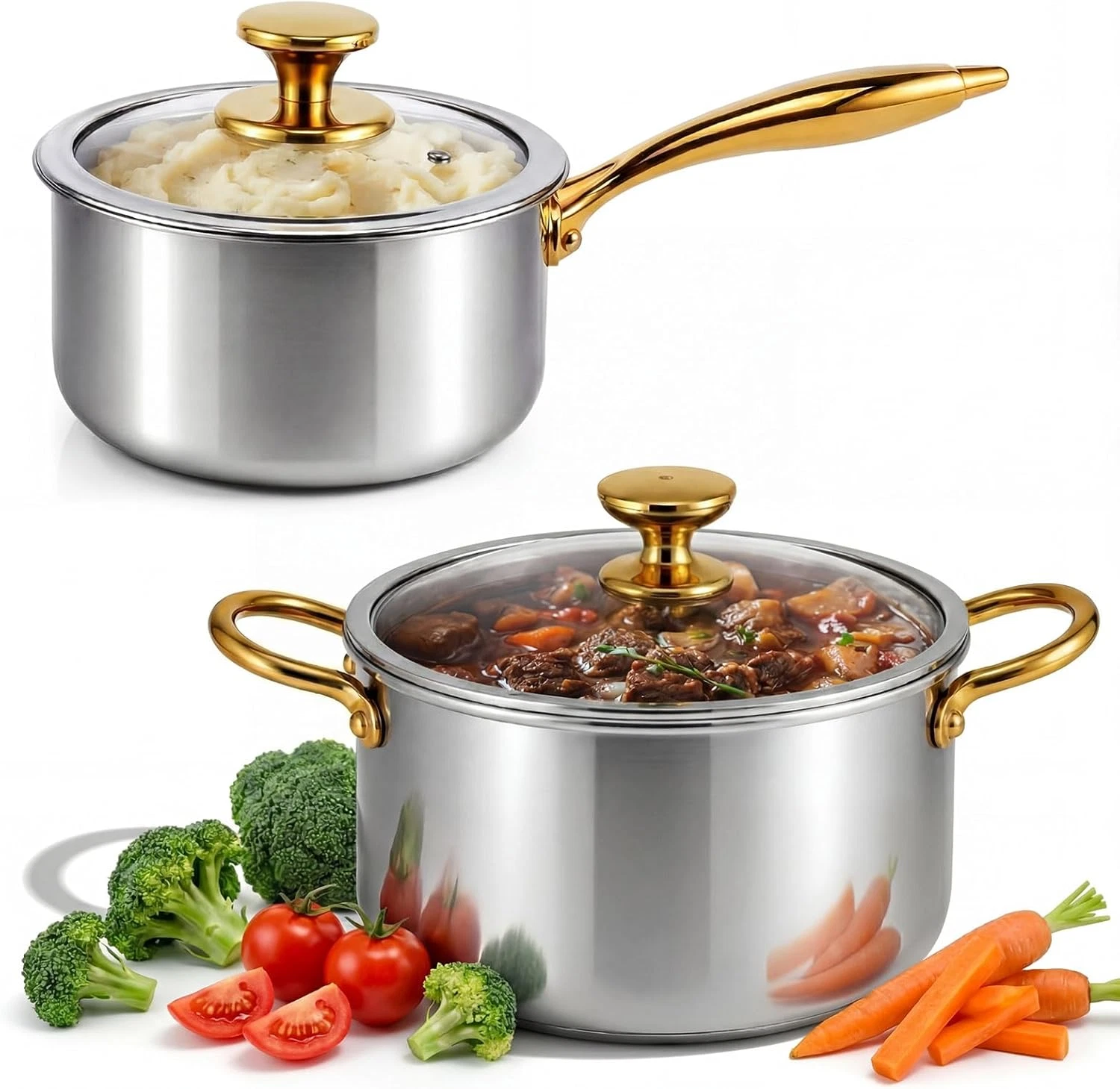 Titanium Cookware Set - 2 Pots with Lids, Induction & Oven Safe, Dishwasher Safe