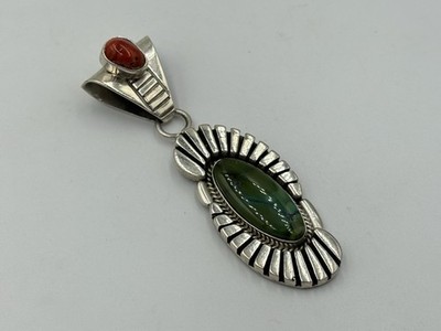 Running Bear Navajo Sterling Silver Greenish Turquoise Coral Pendant