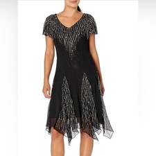 J Kara Black Beaded Hanky Hem Cocktail Dress Short Sleeve Wedding Guest Formal