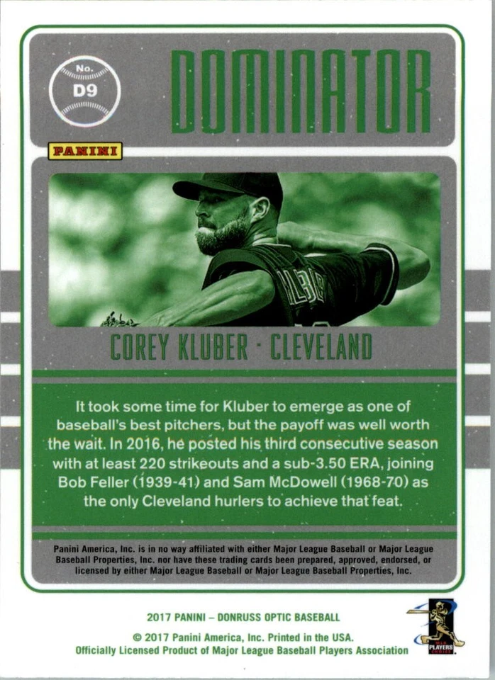 2017 Donruss Optic Dominators #D9 Corey Kluber - NM-MT - Image 2 of 2