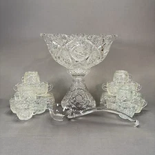 Imperial Glass Whirling Star Clear Punch Bowl Set with Stand Ladle 20 Cups