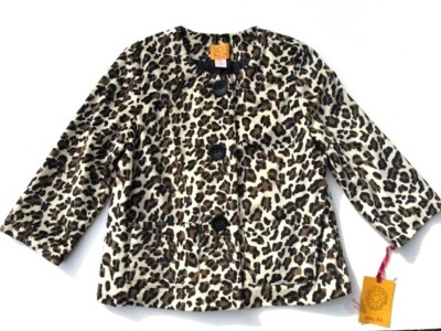 RUBY RD Leopard Blazer Jacket Size 10P Black Sand Faux Fur Leopard Print New