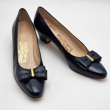 SALVATORE FERRAGAMO NORETTA NAVY BOW LEATHER SHOE PUMPS 7.5 AAAA Women's Vintage