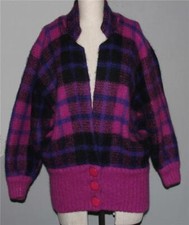 VTG I.B. DIFFUSION Long Mohair Plaid Thick Fuchsia Berry Blue Cardigan Wms S/M
