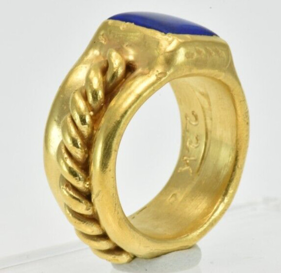 22k Solid Gold Handmade Rectangle Lapis Heavy Ring - image 14
