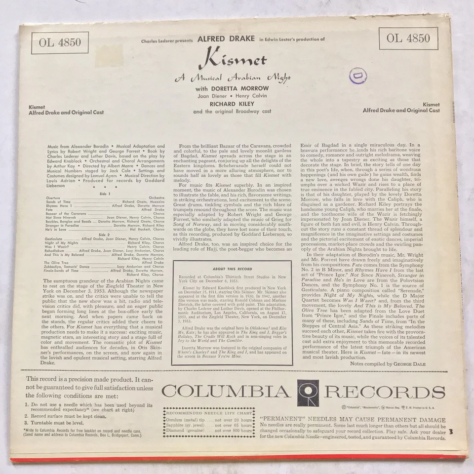 Kismet -  Alfred Drake Musical Vinyl, LP, Broadway Cast Album - Image 2 of 4
