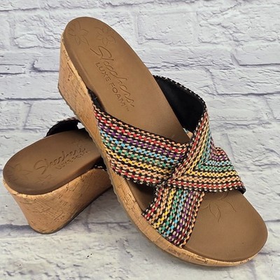 Skechers Beverlee Luxe Foam Womens Size 8 Rainbow Cork Wedge Slide Sandals 38554