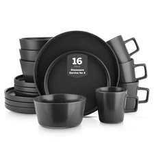 Celina Stoneware 16 Piece Dinnerware Set, Plates and Bowls, Black Matte Dish,...