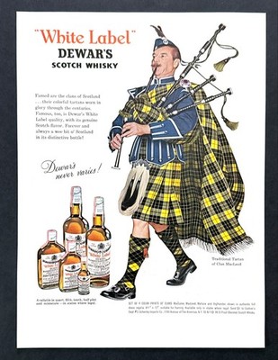 1963 Clan MacLeod Tartan Bagpipe Player art Dewar's Whisky vintage print ad